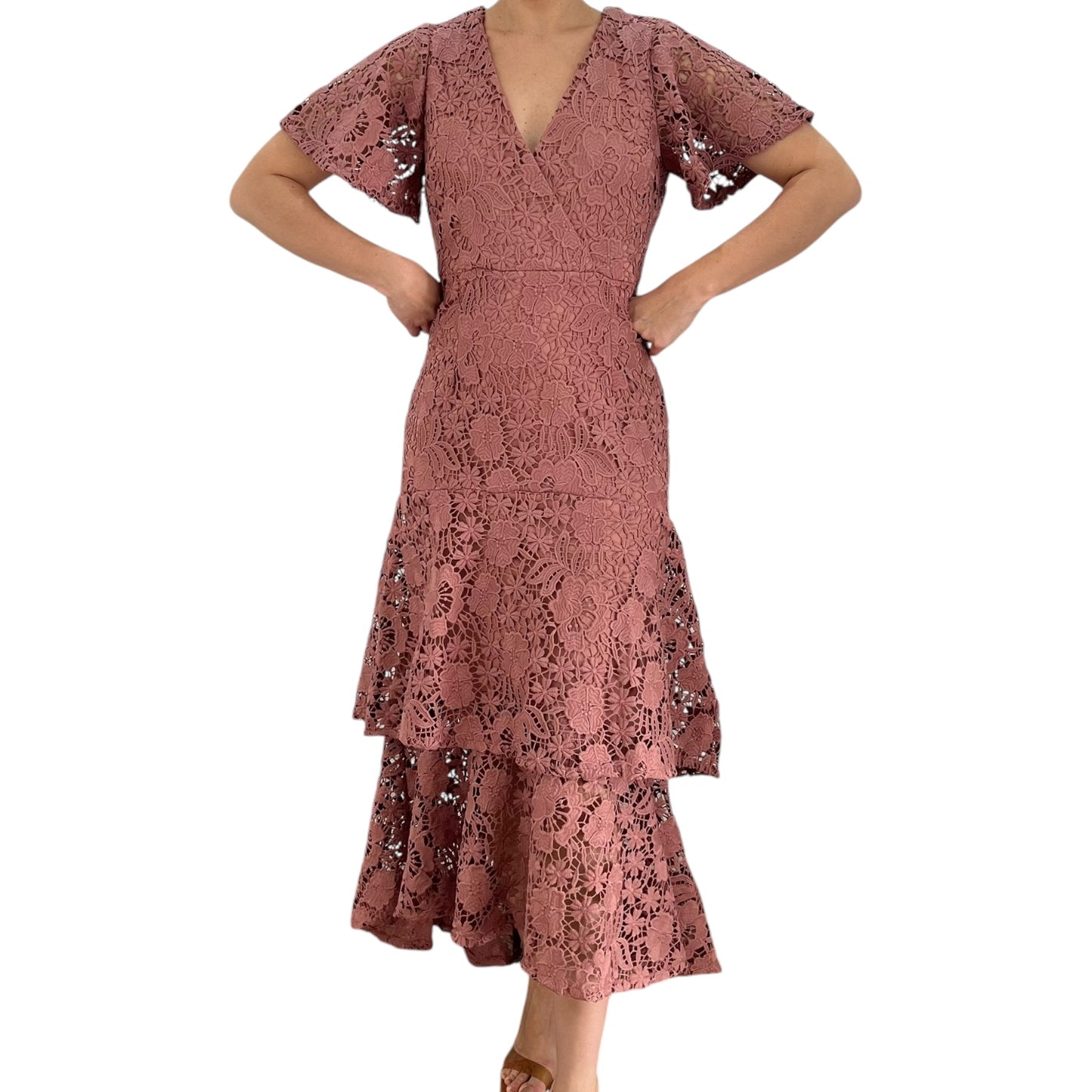 VESTIDO MIDI DE GUIPIUR ROSA