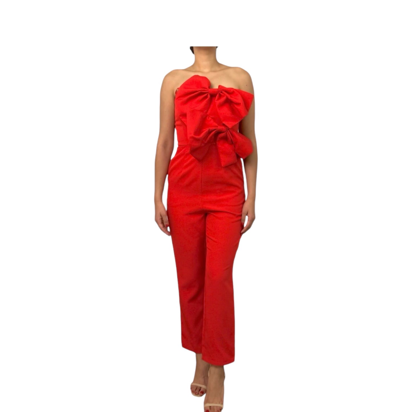 Jumpsuit strapless rojo con moños en busto