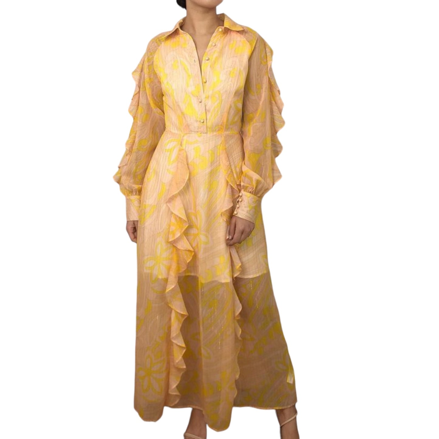 VESTIDO GASA OLANES MANGA LARGA AMARILLO