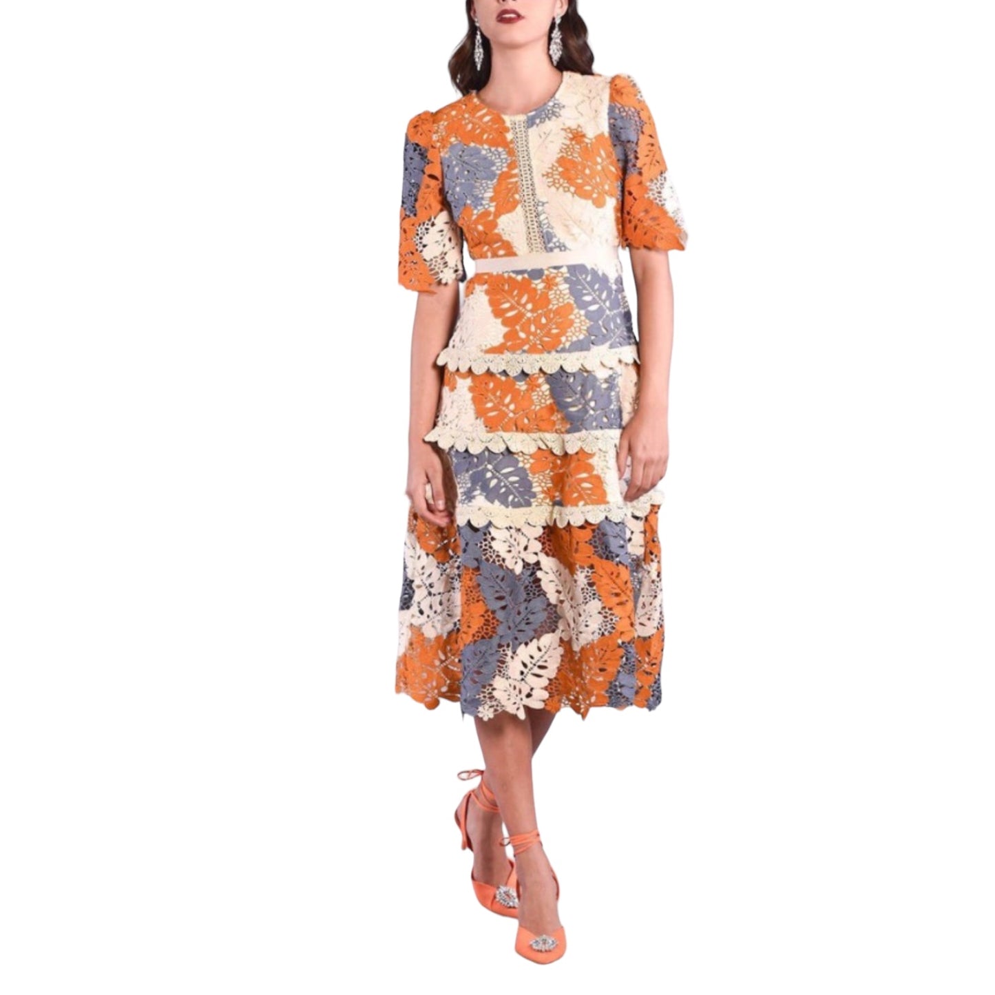 VESTIDO MIDI GUIPIUR HOJAS NARANJA BEIGE CH