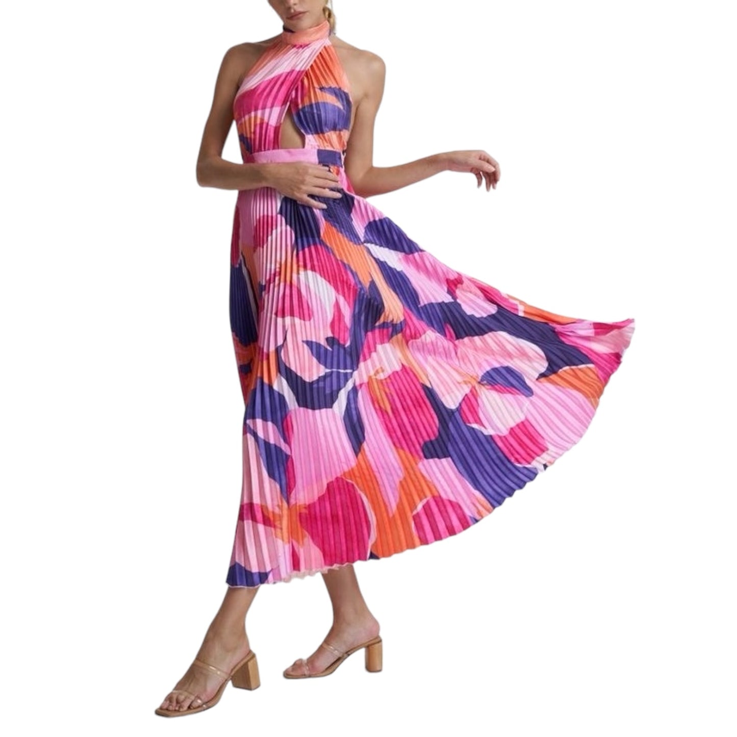 VESTIDO LARGO HALTER TABLEADO ROSA
