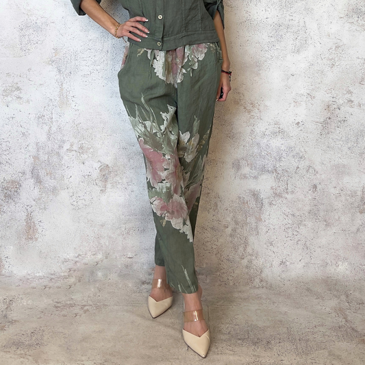 Pantalón lino estampado flores verde