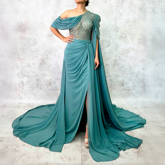 Vestido largo de gasa verde sabia