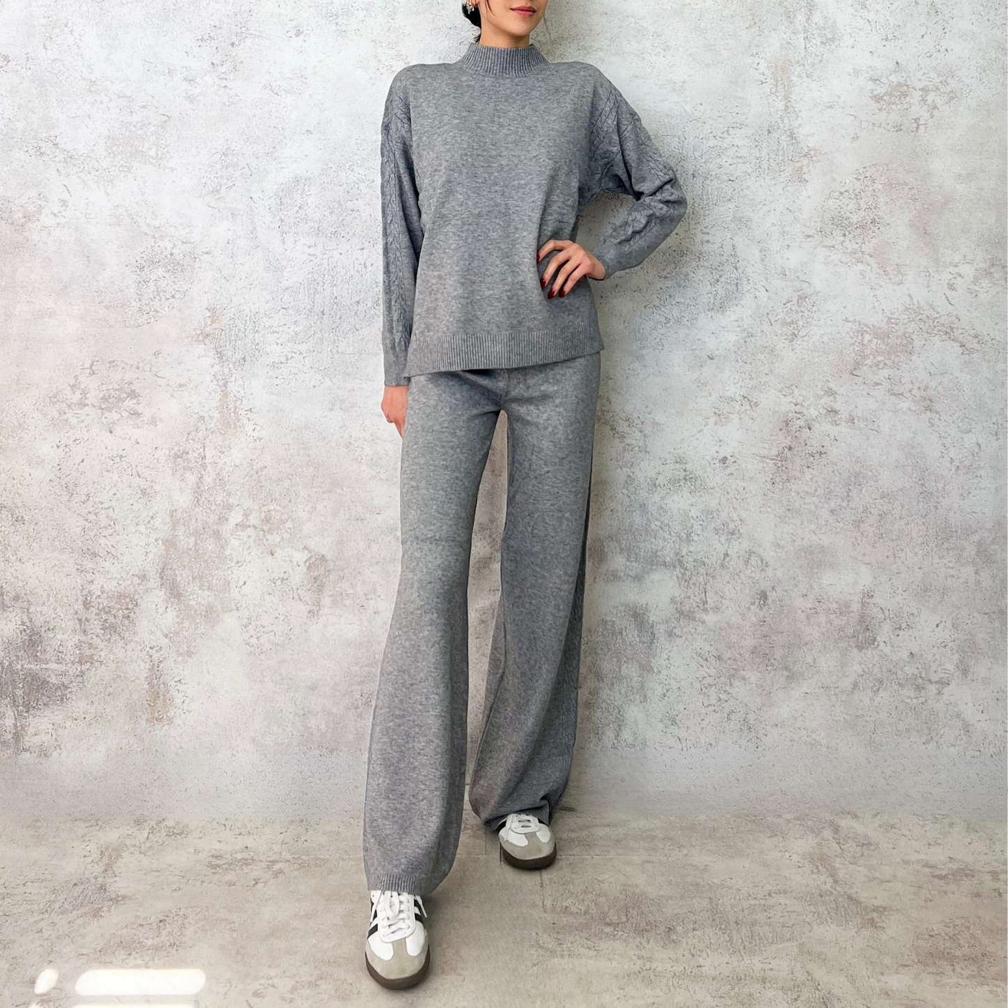 Set de punto fino trenzado color gris