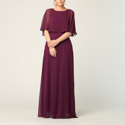 Vestido largo gasa capa burgundy.