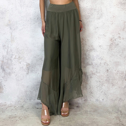 Pantalón de seda italiana verde olivo