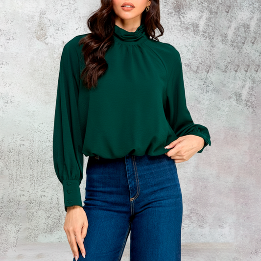 Blusa verde esmeralda cuello fruncido