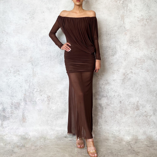 Vestido midi asimetrico de mesh cafe