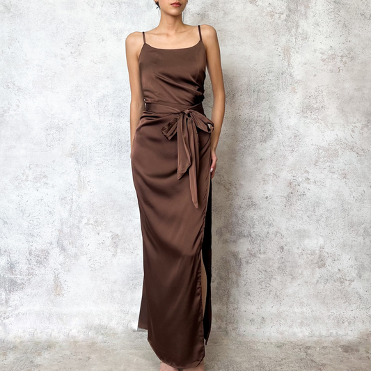 Vestido midi satinado scarf cafe