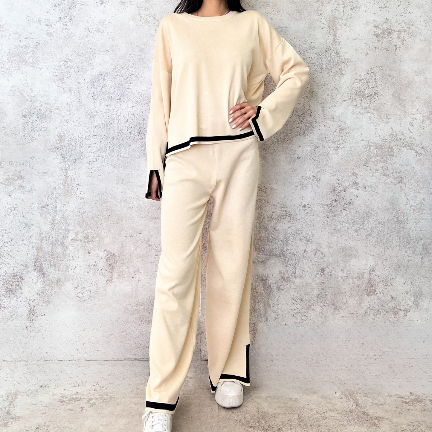 Set tejido beige raya negra