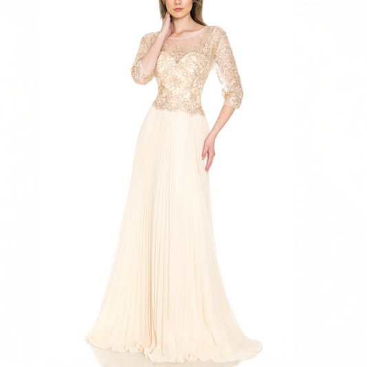 Vestido largo tableado champagne.
