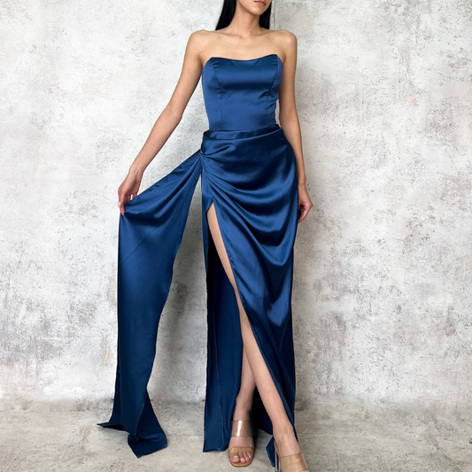 Vestido largo azul marino satin