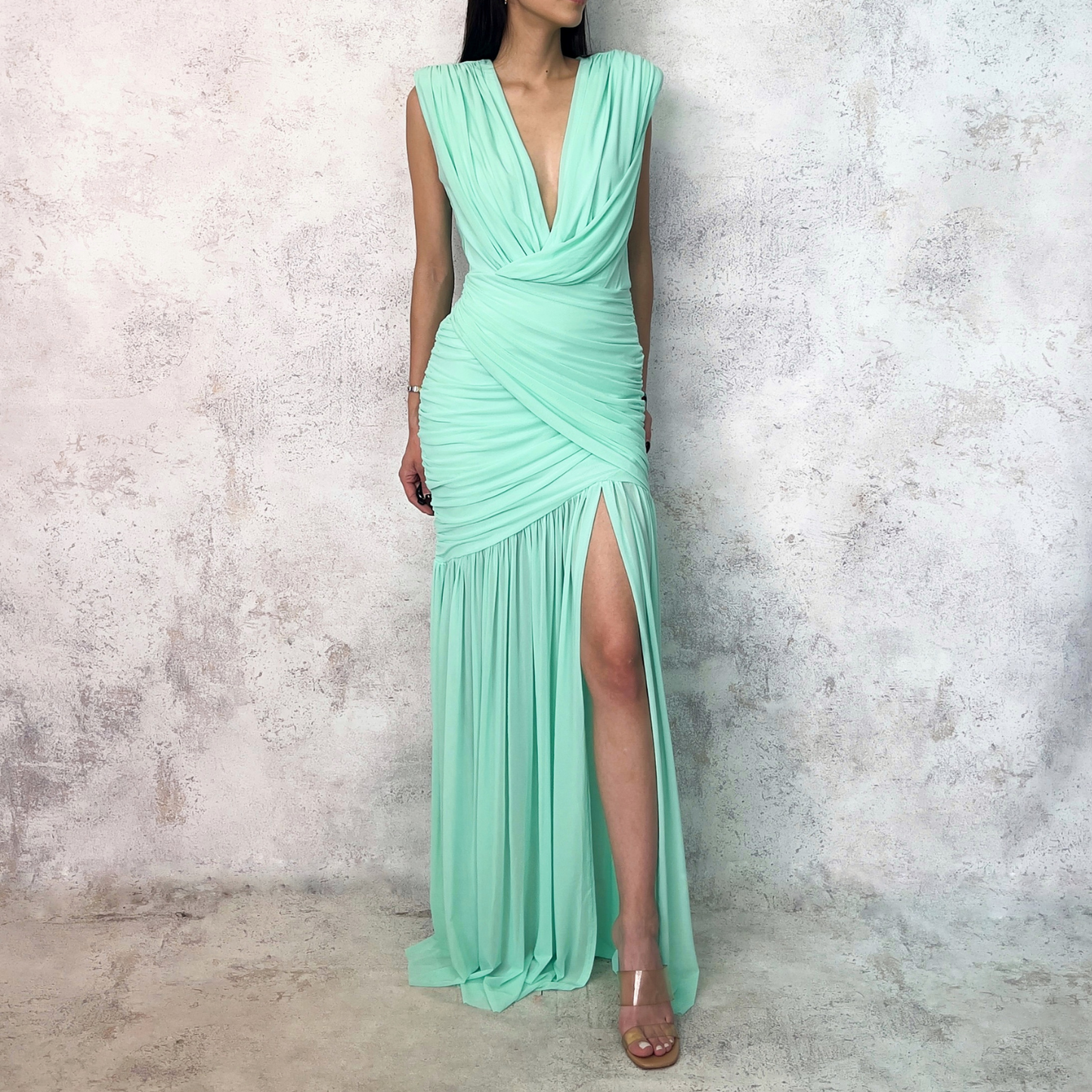Vestido largo de mesh drapeado menta