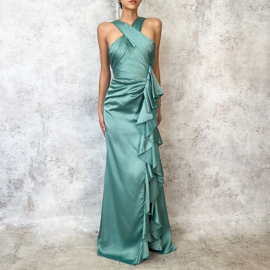 Vestido largo satinado aqua