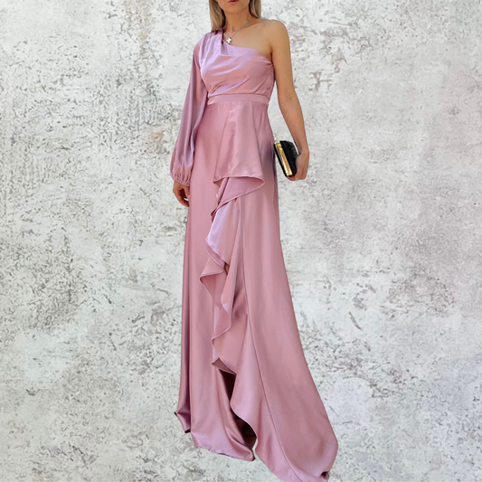 Vestido largo un hombro rosa palo
