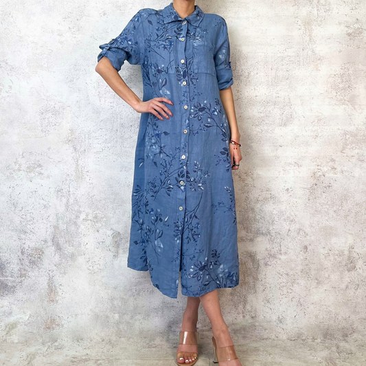 Vestido camisero de Lino floreado azul