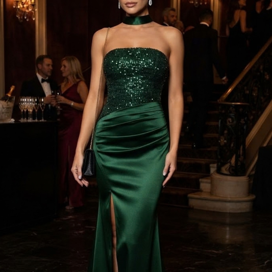 Vestido largo verde esmeralda lentejuelas