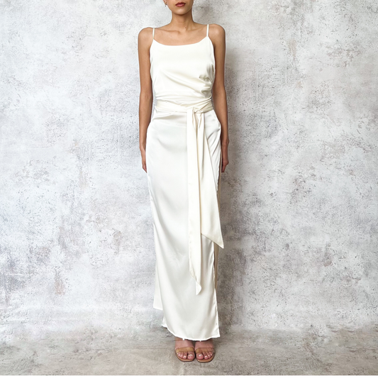 Vestido midi satinado scarf ivory