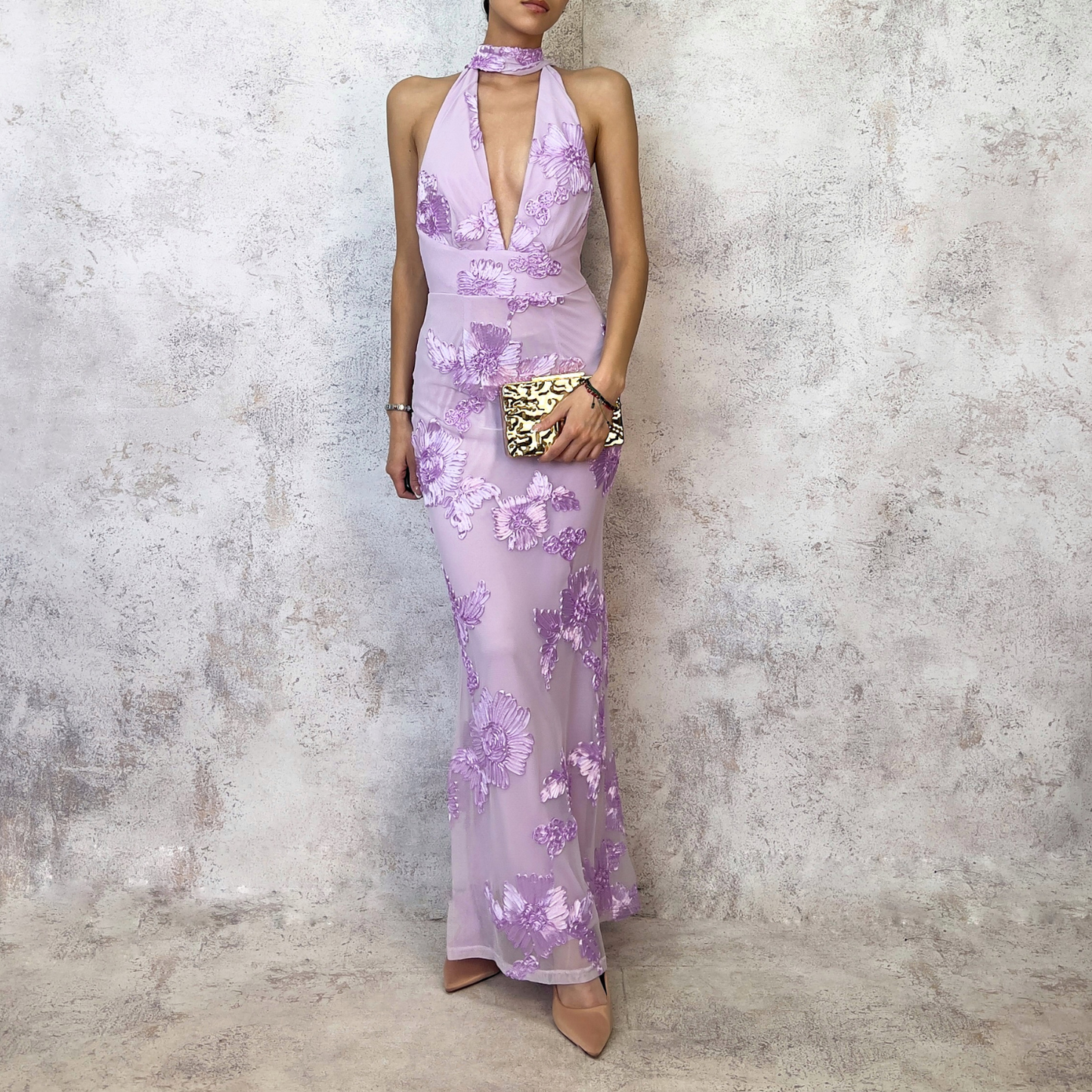 Vestido halter bordado lila