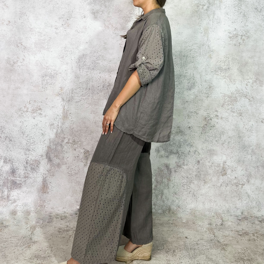 Conjunto de lino crochet taupe
