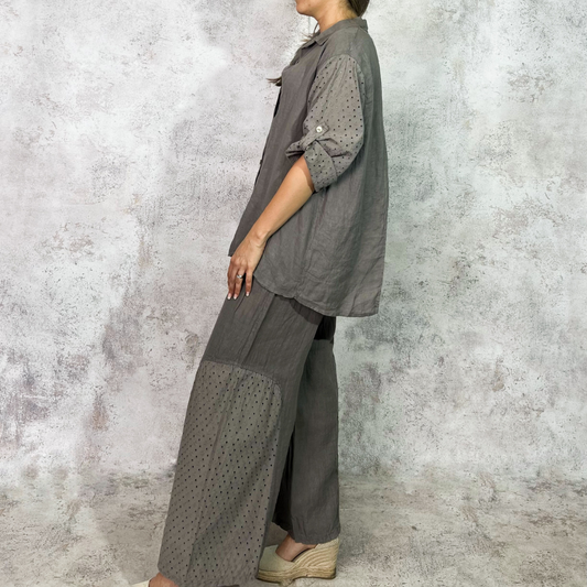 Conjunto de lino crochet taupe