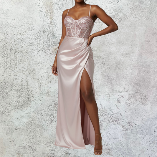Vestido largo satín corset lentejuela.