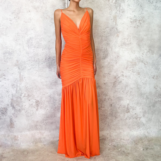 Vestido largo naranja de mesh
