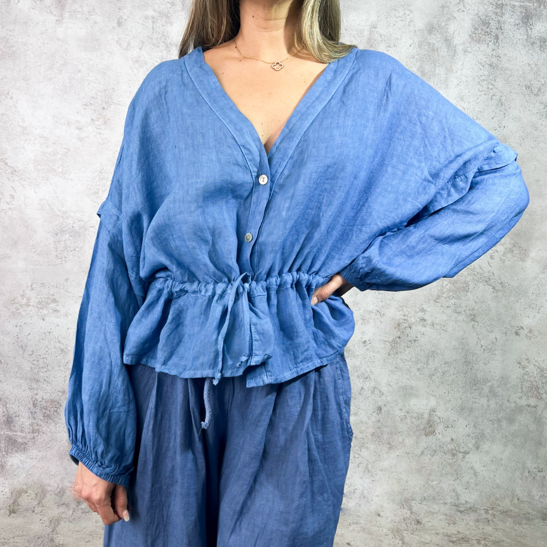 Blusa de lino azul mezclilla
