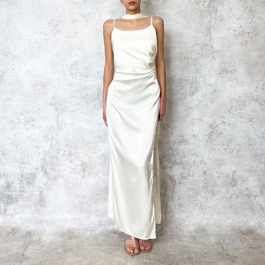 Vestido midi satinado scarf ivory