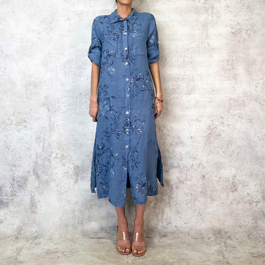 Vestido camisero de Lino floreado azul