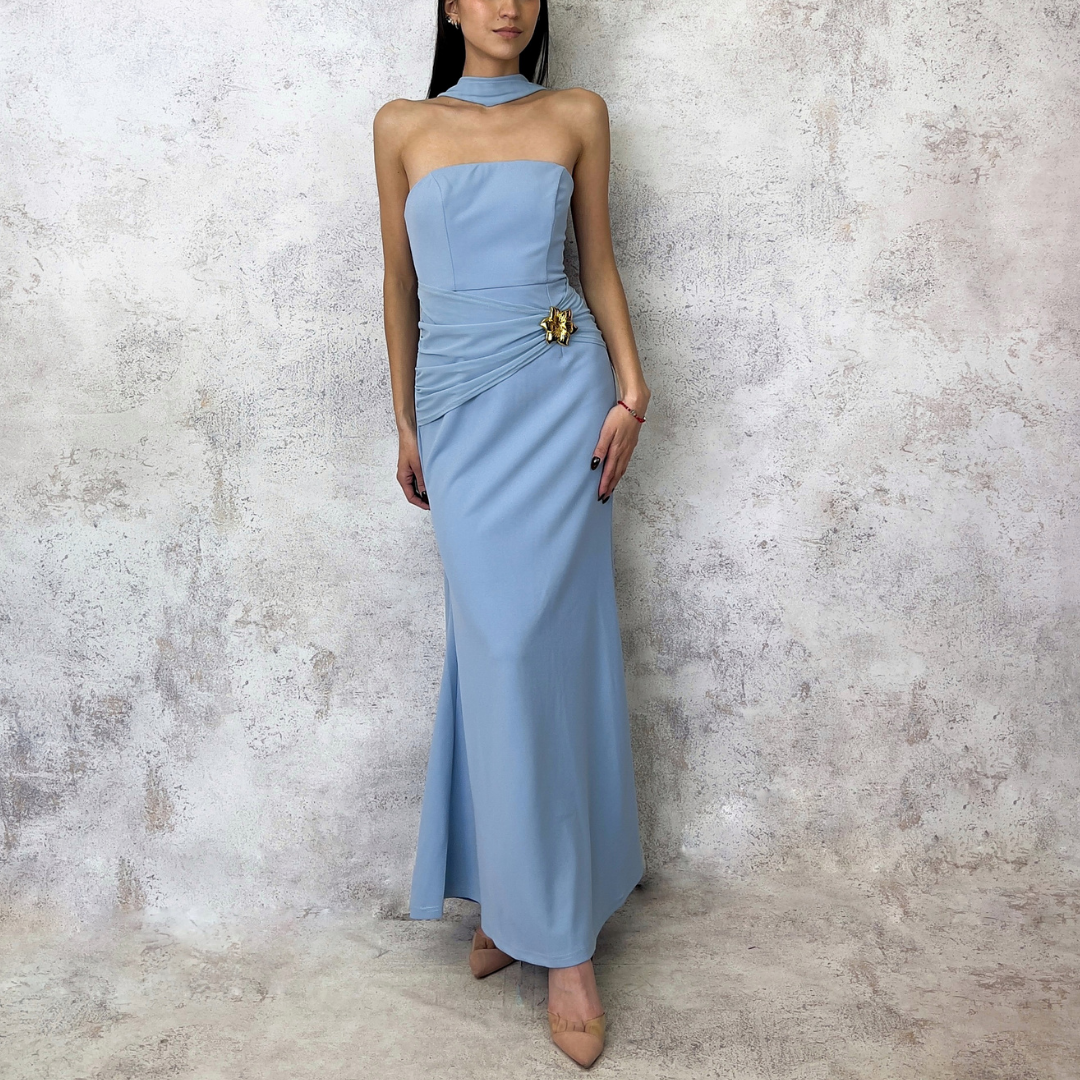 Vestido midi strapless con flor dorada