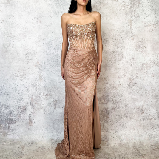 Vestido largo bordado champagne