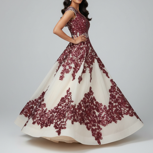 Vestido largo bordado nude organza con bordado vino