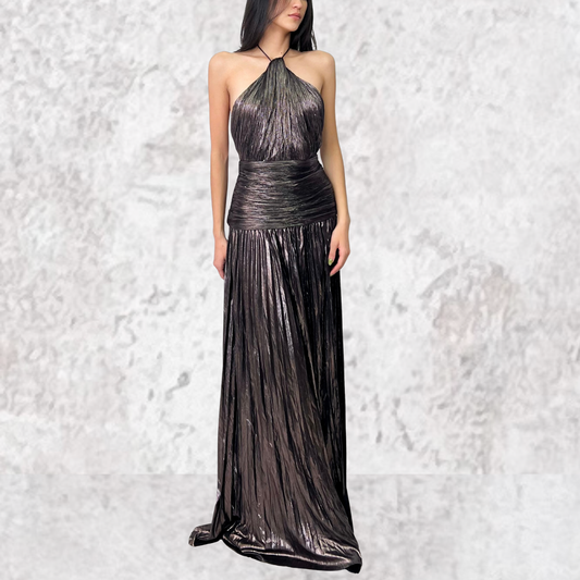 Vestido largo halter cobre metálico