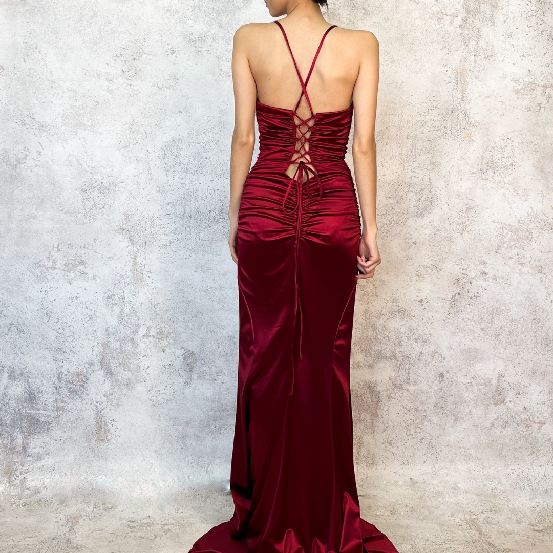 Vestido largo satinado burgundy