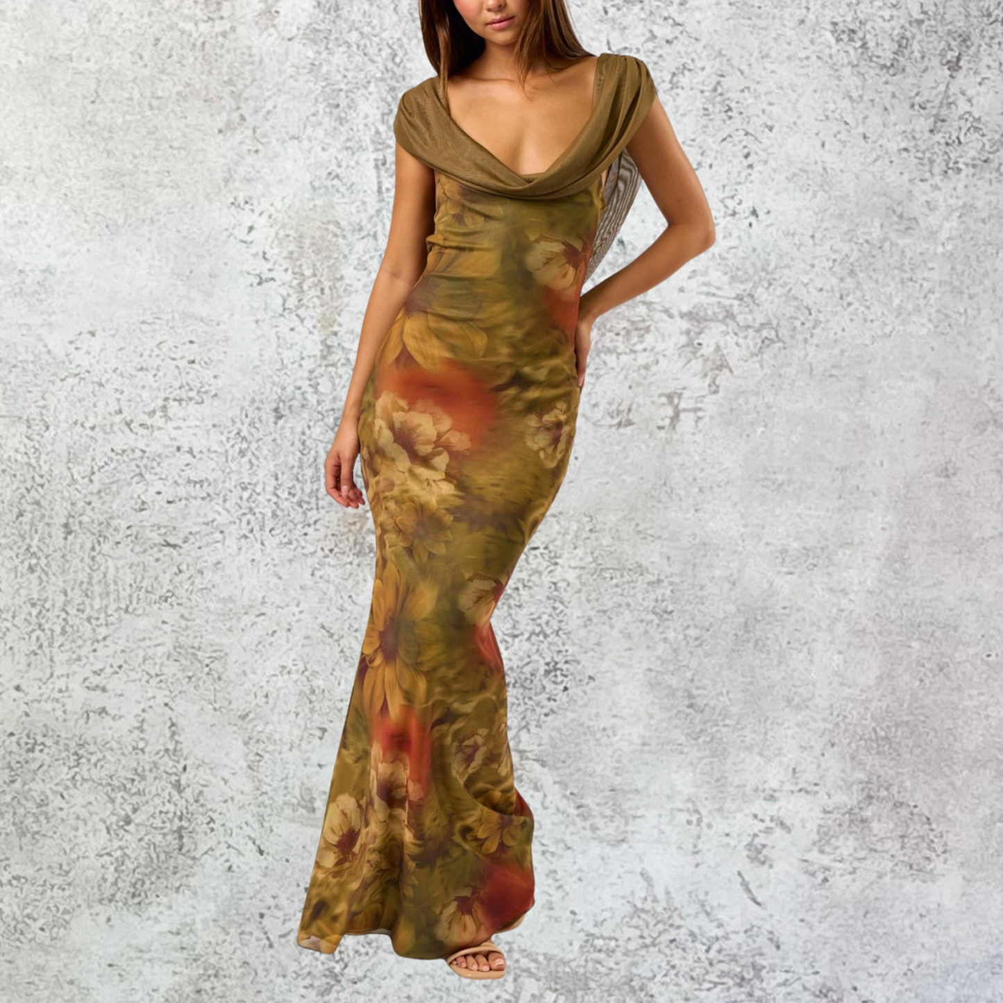 Vestido largo estampado verde olivo