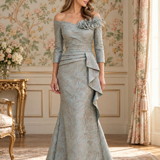 Vestido largo azul cielo floral con olanes