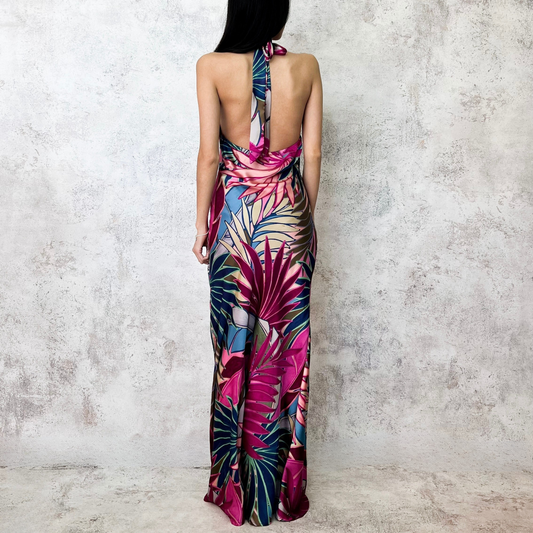 Vestido largo halter hojas fuschia