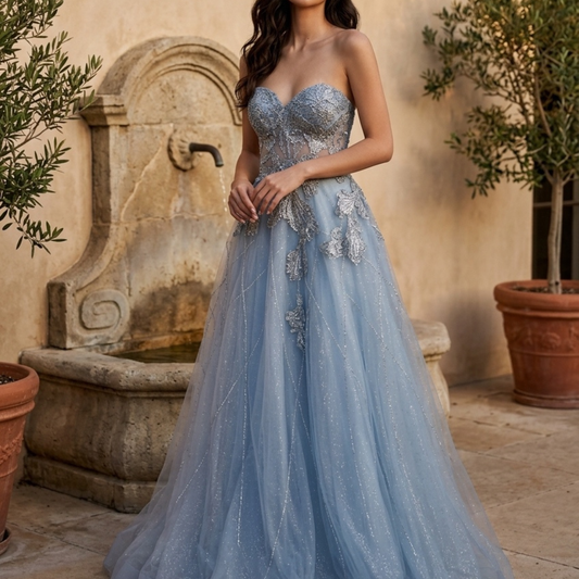 Vestido largo bordado azul