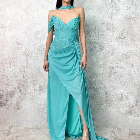 Vestido largo en tela de gasa mesh verde