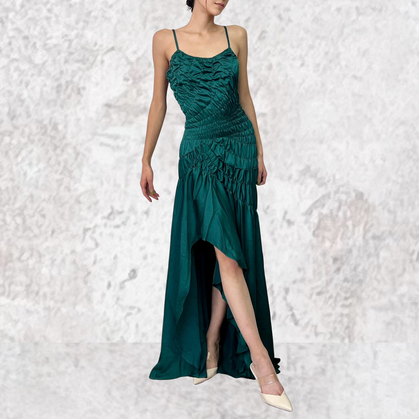 Vestido largo verde jade asimétrico