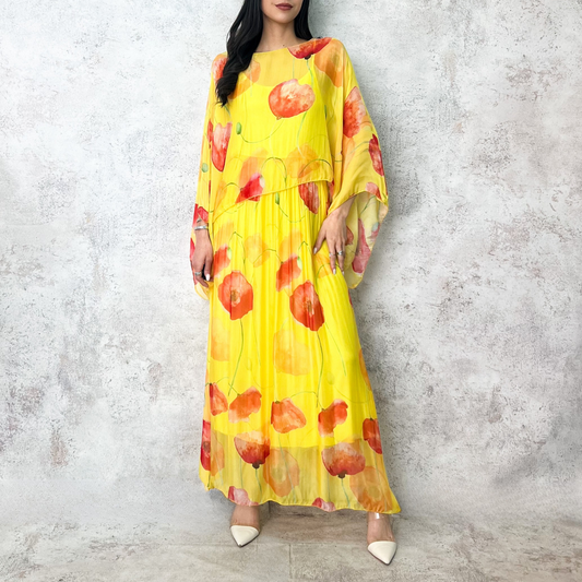 Vestido de seda amarillo floreado