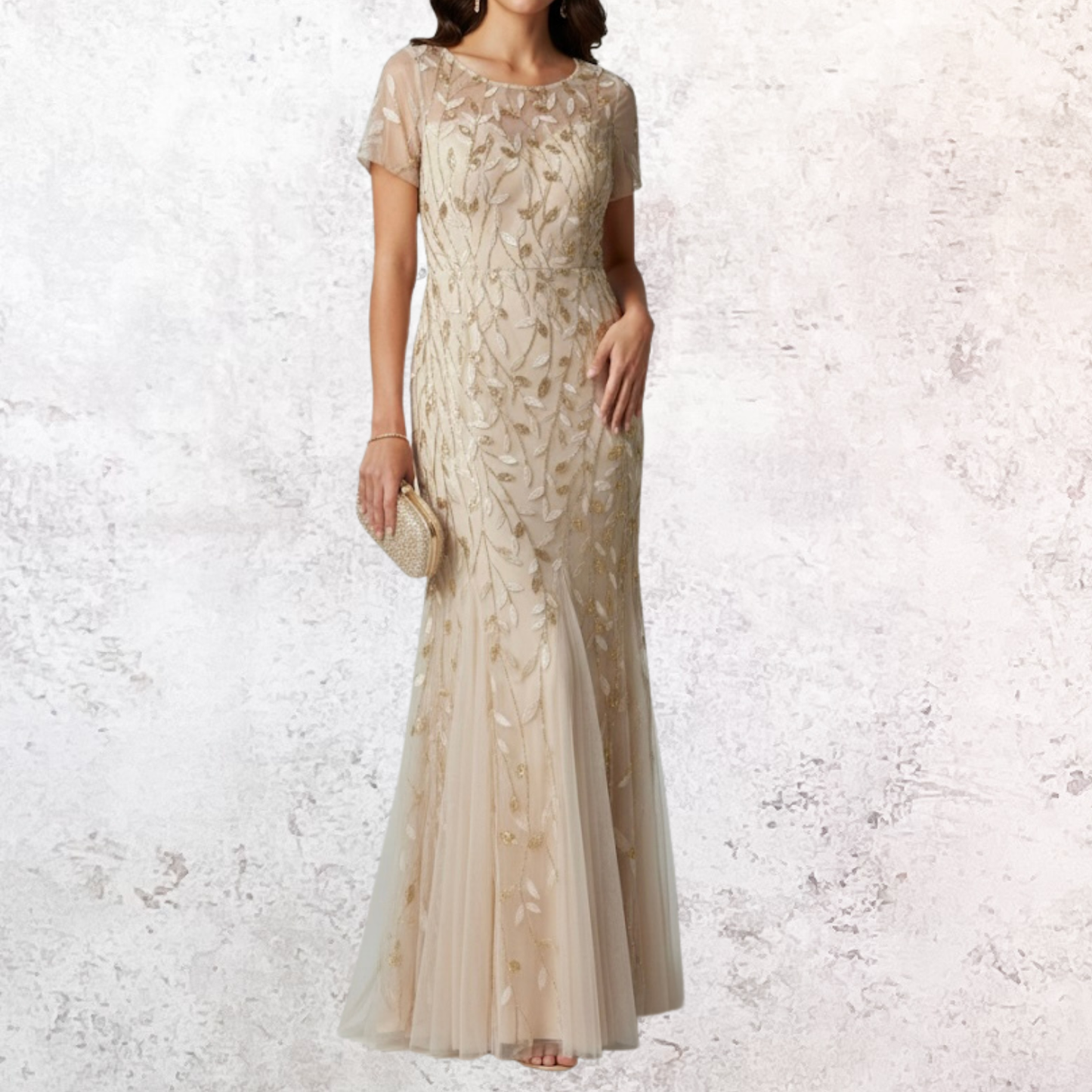 Vestido largo dorado tul bordado
