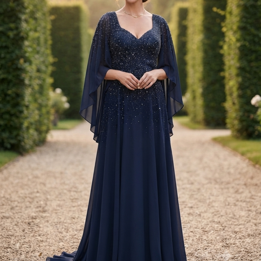 Vestido largo azul marino con capa