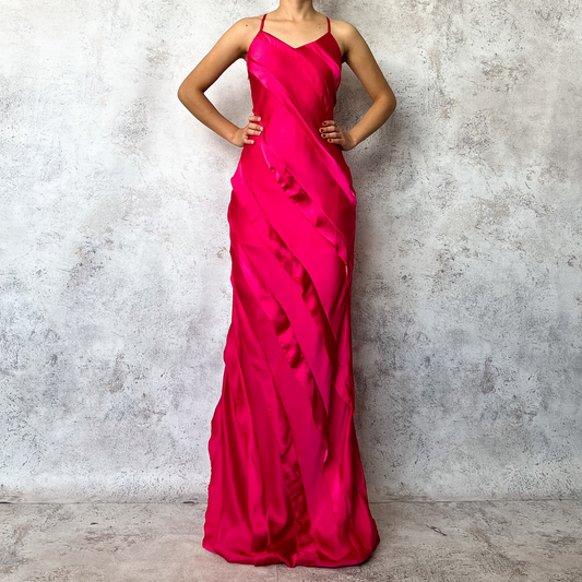 Vestido largo olanes asimétricos magenta