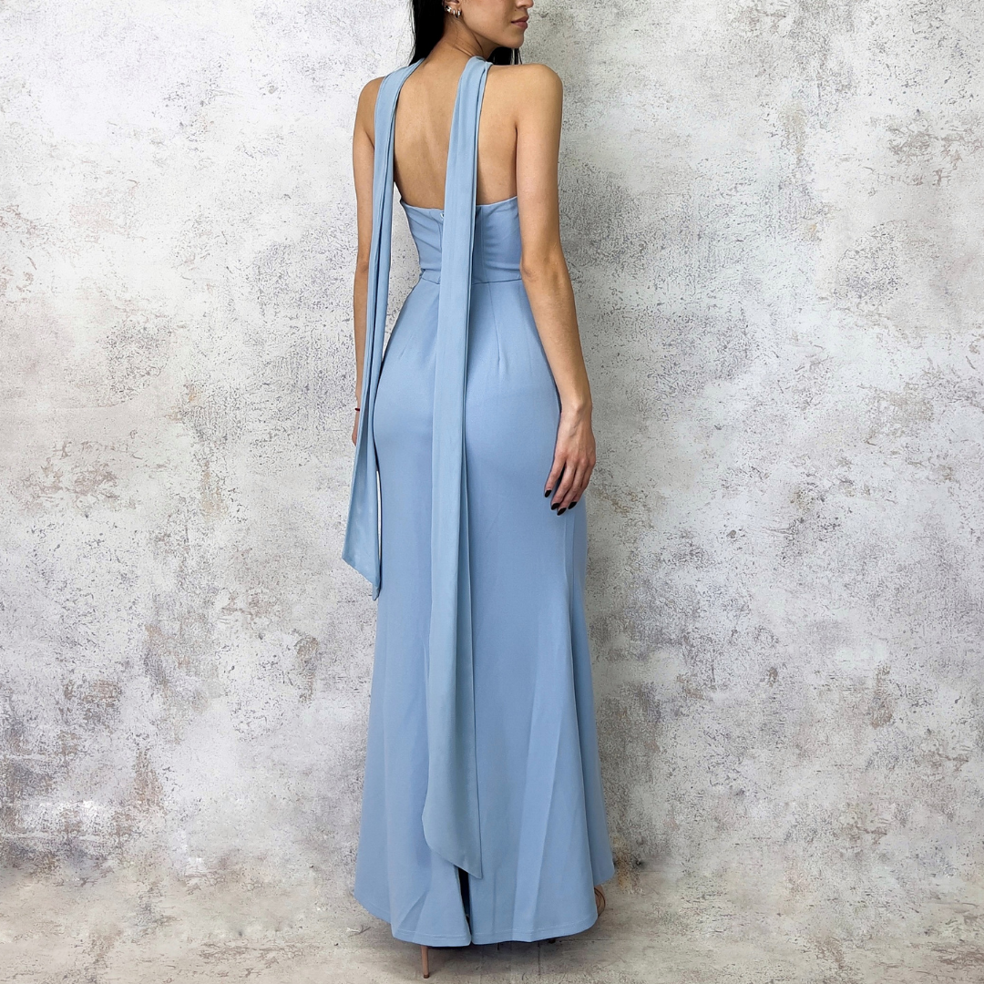 Vestido midi strapless con flor dorada