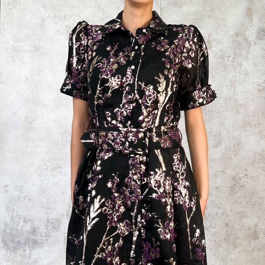 Vestido midi negro bordado dorado
