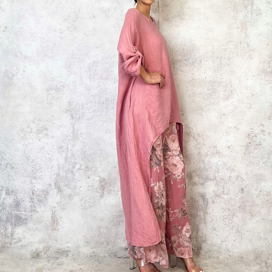 Set de lino estampado flores rosa