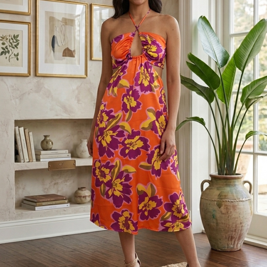 VESTIDO NARANJA CUT OUT FLORES