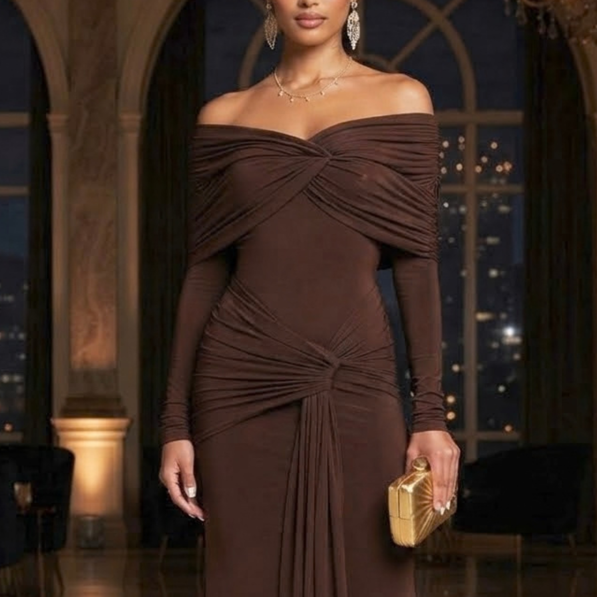 Vestido largo de mesh cafe